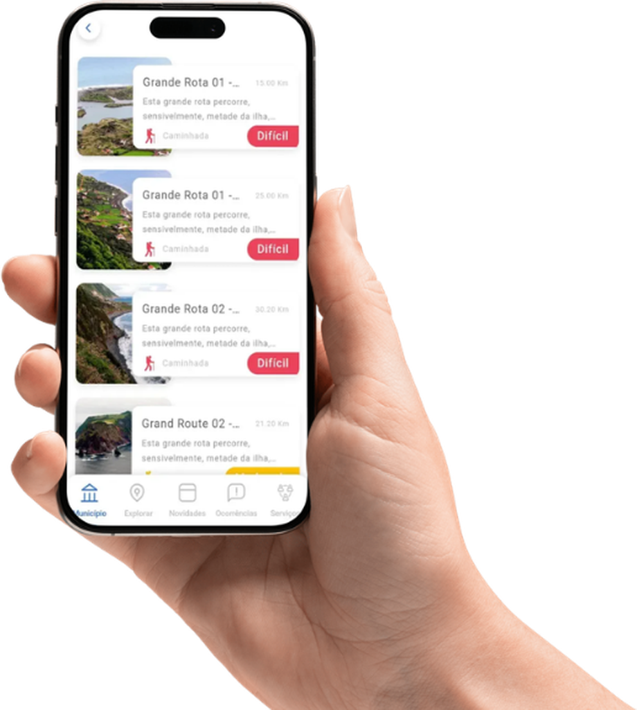 A app do Município de Velas num telemóvel, na secção Explorar com as Grandes Rotas