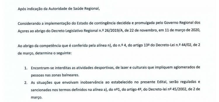 INTERDIÇÃO DE ATIVIDADES NAS ZONAS BALNEARES