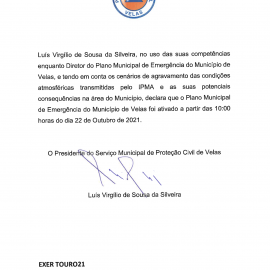 ATIVAÇÃO DO PLANO MUNICIPAL DE EMERGÊNCIA DO MUNICÍPIO DE VELAS