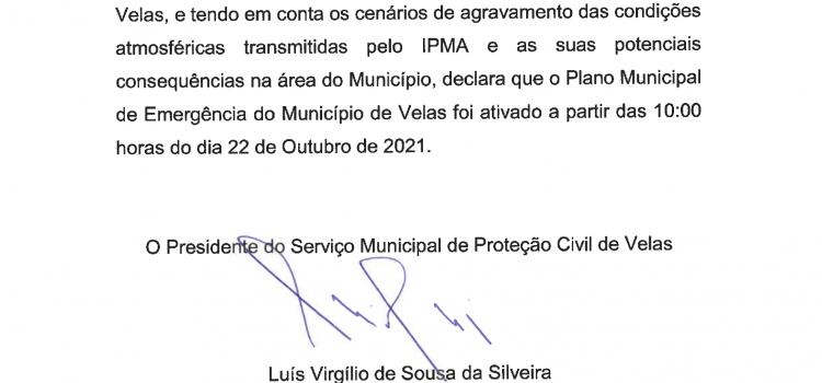 ATIVAÇÃO DO PLANO MUNICIPAL DE EMERGÊNCIA DO MUNICÍPIO DE VELAS