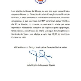 DESATIVAÇÃO DO PLANO MUNICIPAL DE EMERGÊNCIA DO MUNICÍPIO DE VELAS
