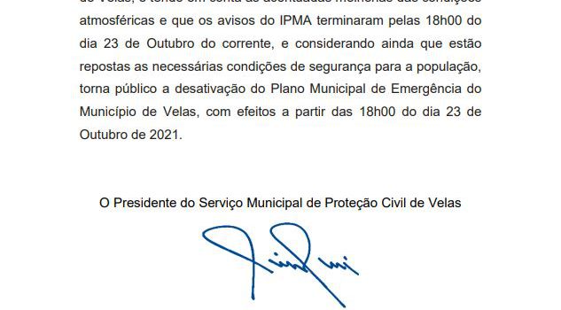 DESATIVAÇÃO DO PLANO MUNICIPAL DE EMERGÊNCIA DO MUNICÍPIO DE VELAS