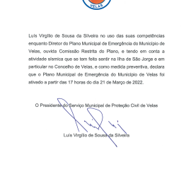 ATIVAÇÃO DO PLANO MUNICIPAL DE EMERGÊNCIA DO MUNICÍPIO DE VELAS