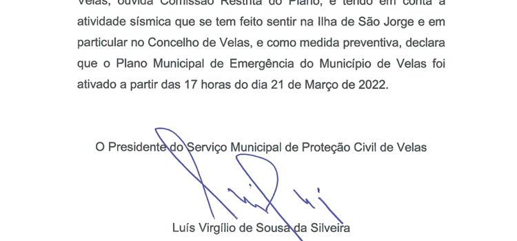 ATIVAÇÃO DO PLANO MUNICIPAL DE EMERGÊNCIA DO MUNICÍPIO DE VELAS