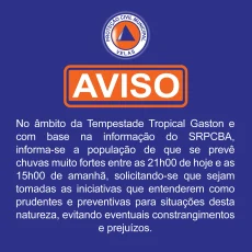 <strong>AVISO – TEMPESTADE TROPICAL GASTON</strong>