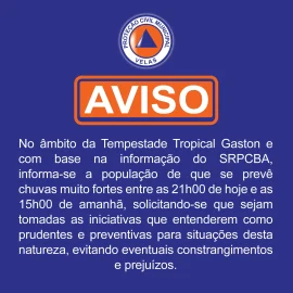 <strong>AVISO – TEMPESTADE TROPICAL GASTON</strong> <strong>AVISO – TEMPESTADE TROPICAL GASTON</strong>