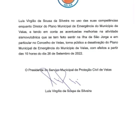 DESATIVAÇÃO DO PLANO MUNICIPAL DE EMERGÊNCIA DO MUNICÍPIO DE VELAS