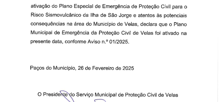 ATIVAÇÃO DO PLANO MUNICIPAL DE EMERGÊNCIA DA PROTEÇÃO CIVIL DE VELAS