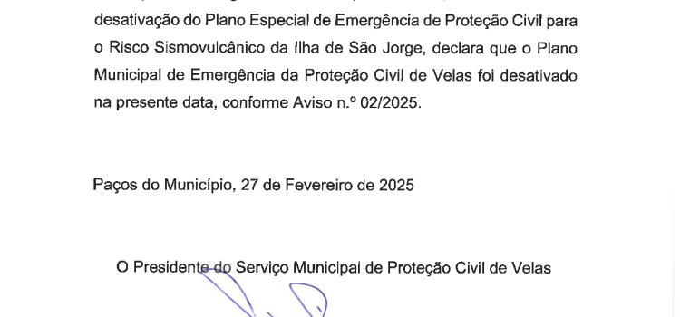 DESATIVAÇÃO DO PLANO MUNICIPAL DE EMERGÊNCIA DA PROTEÇÃO CIVIL DE VELAS