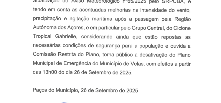 DESATIVAÇÃO DO PLANO MUNICIPAL DE EMERGÊNCIA DA PROTEÇÃO CIVIL DE VELAS
