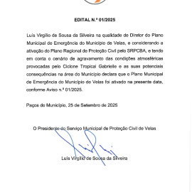 ATIVAÇÃO DO PLANO MUNICIPAL DE EMERGÊNCIA DA PROTEÇÃO CIVIL DE VELAS